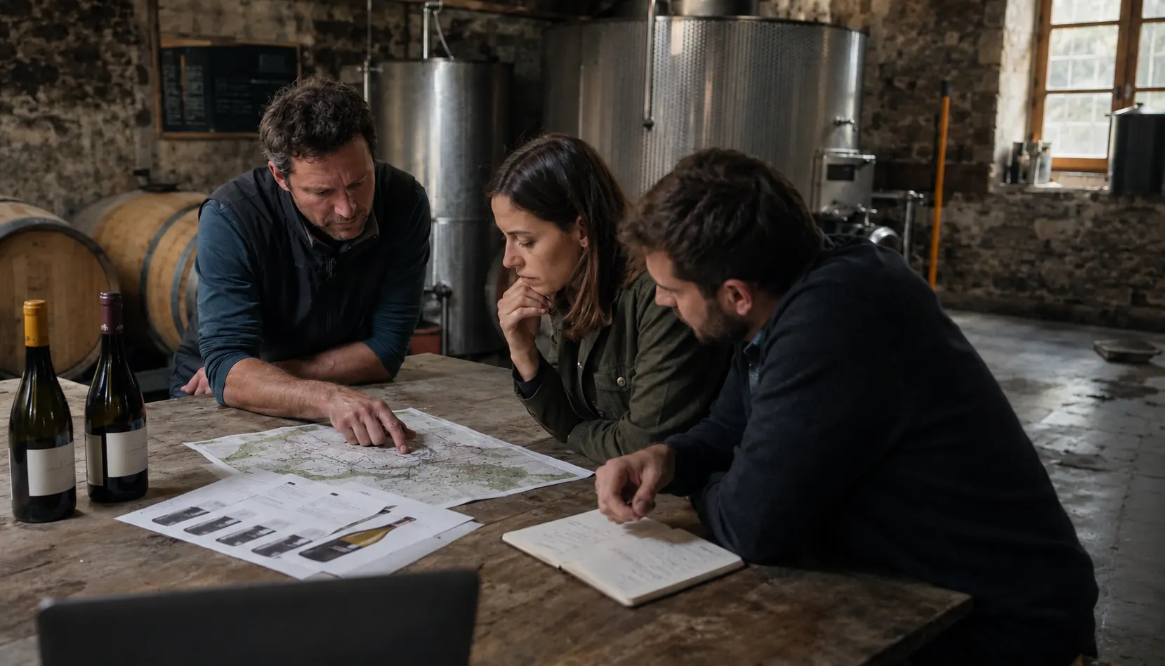 A team prepares an export campaign in a winery cellar