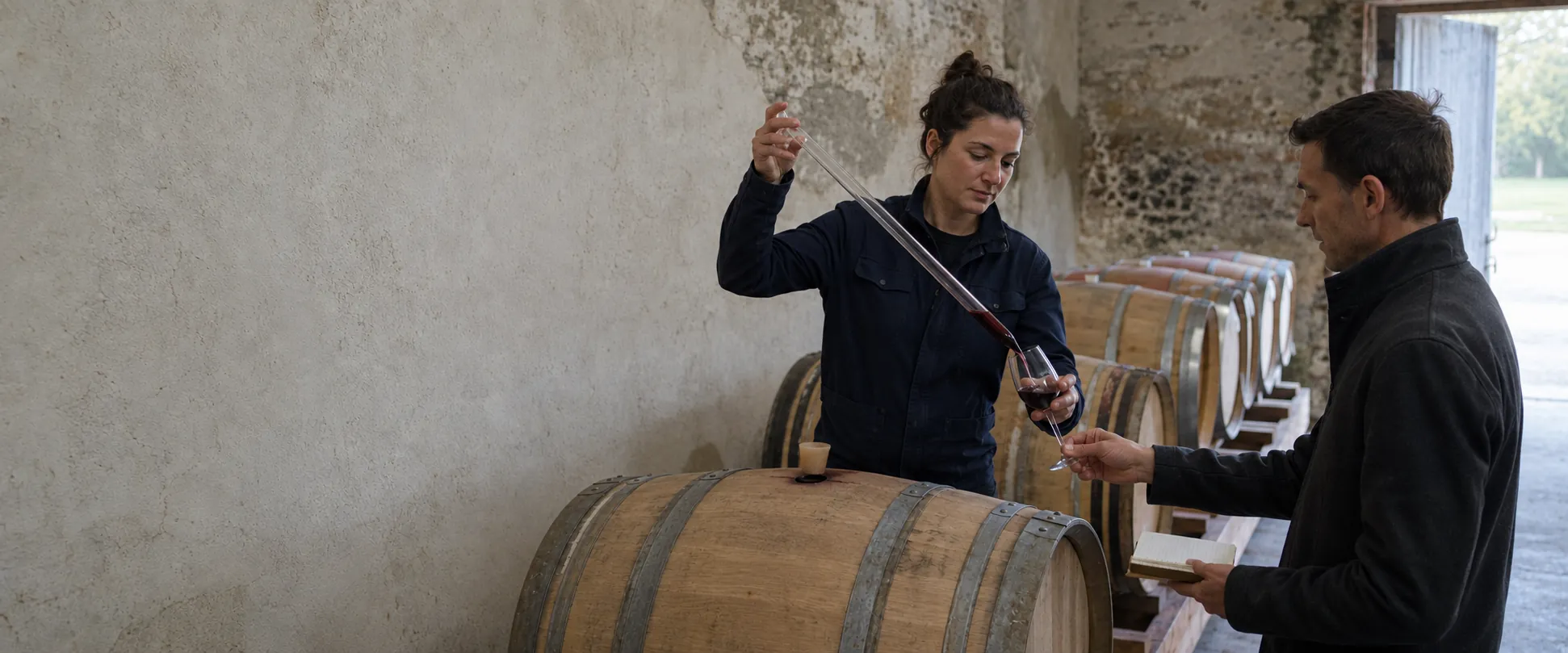 A winemaker pours a barrel sample for a visitor in a stone cellar